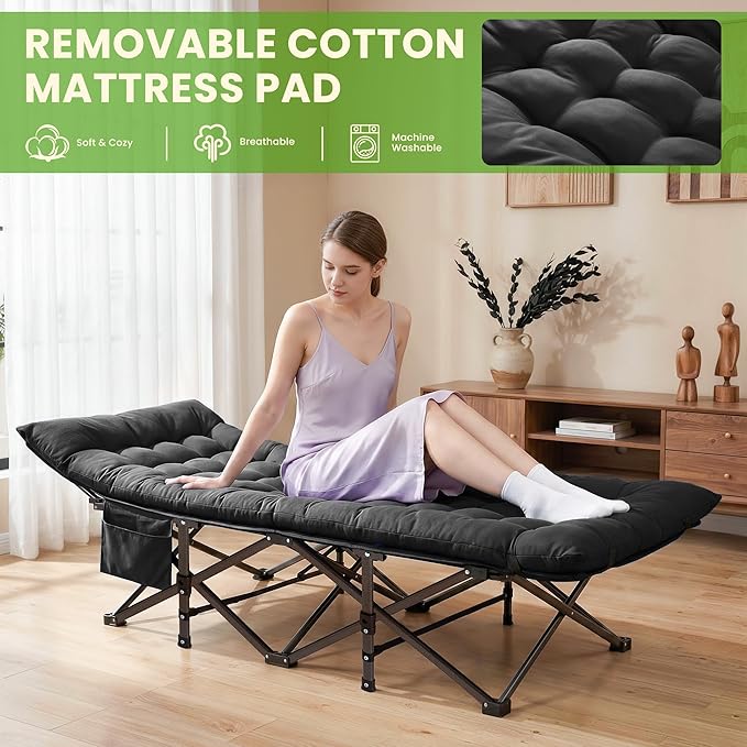 Camping Cot, Folding Camp Cot for Adults, Portable Outdoor Cot with Carry Bag & Mattress, Fast Setup, Lightweight Compact Bed for Travel, Home Office Nap (Black)