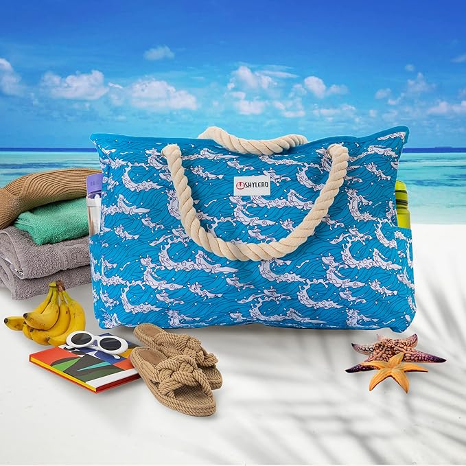 Beach Bag and Pool Bag Has Cooler Pocket, 7 Pockets Total, Zip Top. Family Size Waterproof Beach Tote