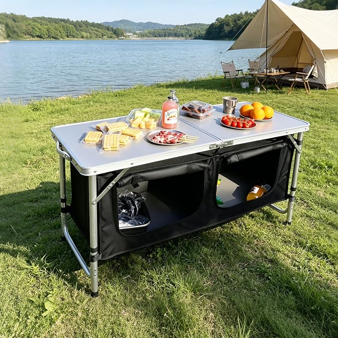 JOUYEK Camping Table, Folding Camping Table with Storage, Portable Kitchen Table, Lightweight, 3 Heights Adjustable Camping Furniture for BBQ, Picnic, Camping, Hiking, Beach, Outdoor Black