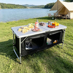 JOUYEK Camping Table, Folding Camping Table with Storage, Portable Kitchen Table, Lightweight, 3 Heights Adjustable Camping Furniture for BBQ, Picnic, Camping, Hiking, Beach, Outdoor Black