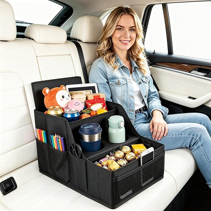 Car Seat Organizer Backseat and Passenger Seat Organizer with 9 Compartments 2 Cup Holders Car Organizer Front Seat Storage for Travel Kids，Black