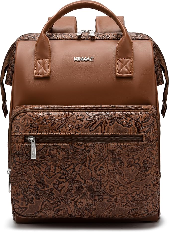 Kinmac Wide Open Style Laptop Backpack for Laptop Up to 15.6 Inch Men Women Travel Outdoor Backpack (Coffee Flower PU)