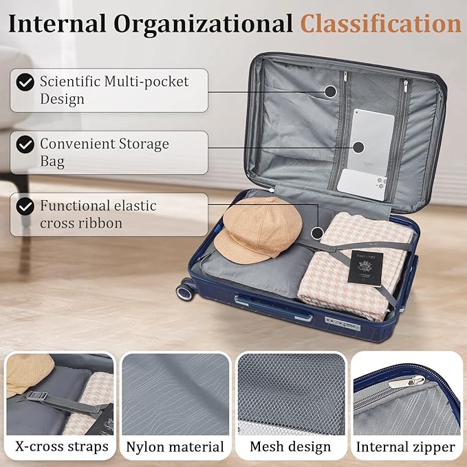 4 Piece Luggage Set, Hardside Expandable Lightweight Suitcase with 360° Mute Spinner Wheels Luggage Sets, TSA Lock, 14/20/24/28 Inch Travel Luggage for Men, Women and Girls (Navy Blue)