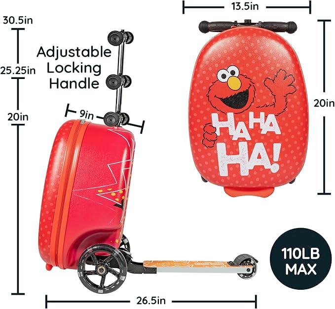 Sesame Street Elmo Ride-On Scooter Suitcase for Kids – Hardside Lightweight Carry-On Luggage with Foldable Scooter & LED Wheels