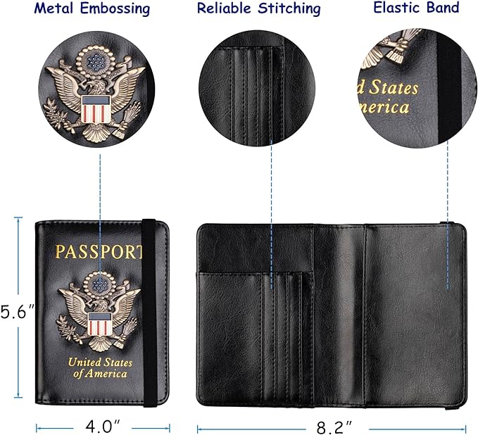TOURSUIT RFID Blocking Passport Holder for Women Men, Leather Passport Travel Wallet with 3D Metal Badge, Travel Document Holder Cover Accessories (Black)