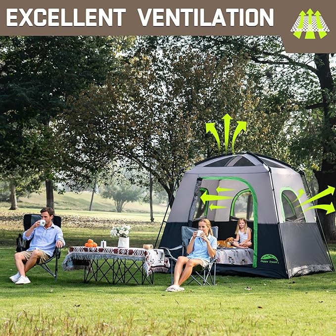 Happy Travel Tent 4 Person Tents for Camping, Waterproof Easy Setup Camping Tent with Top Rainfly, Portable Tall Cabin Tent with 4 Mesh Windows and Carry Bag for Outdoor Camping & Hiking