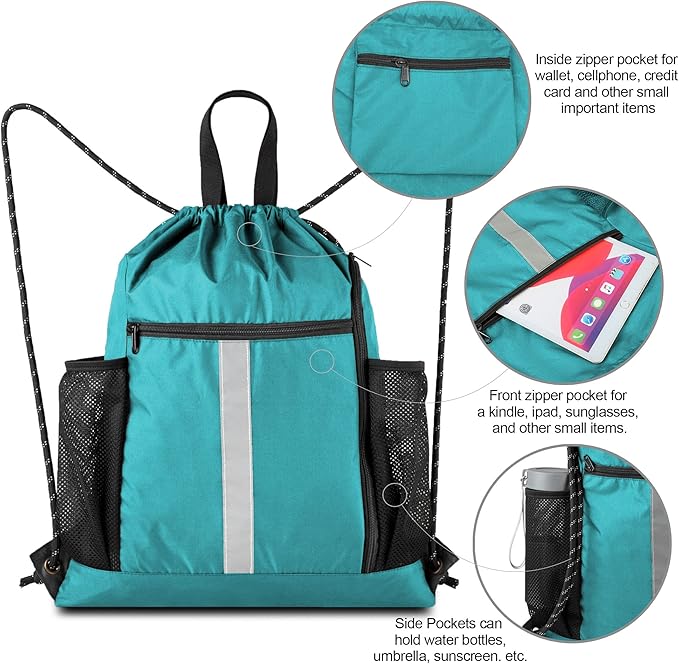 BeeGreen Teal String Backpack Bag Cinch Sack with Shoe Compartment and Two Zipper Pockets and Two Side Mesh Pockets Lightweight Large Drawstring Gym Sackpack for Men and Women