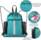 BeeGreen Teal String Backpack Bag Cinch Sack with Shoe Compartment and Two Zipper Pockets and Two Side Mesh Pockets Lightweight Large Drawstring Gym Sackpack for Men and Women