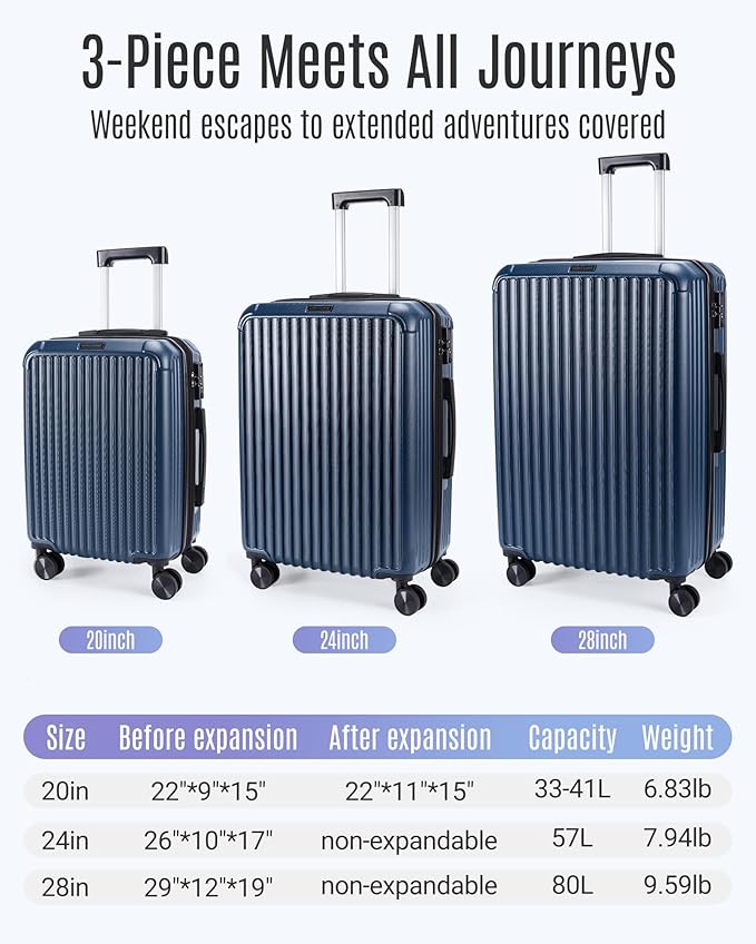 LIGHT FLIGHT Luggage Sets, Durable Hard Shell 3 Piece Set Suitcase with Spinner Wheels, Hardside Lightweight Luggage set with TSA Lock, Large Travel Luggage Set (20" 24" 28"),Coffee Brown