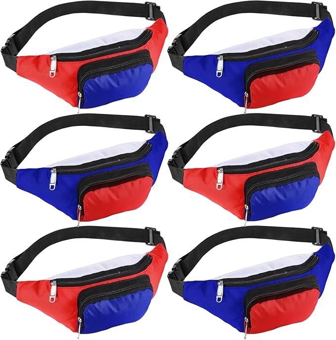 Abbylike 6 Pcs 4th of July Neon Fanny Packs 250th Anniversary Adjustable Waist Bags Patriotic Style Party Outfit Accessories for Women Men Travelling Outdoors Cycling Independence Day