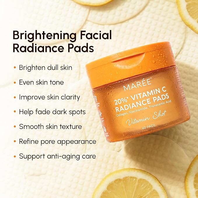 MAREE Vitamin C Toner Pads for Face – Brightening Facial Polishes with 20% Complex: Vitamin C Collagen Niacinamide TXA – Facial Radiance, Uneven Skin Tone, Acne Clearing Pads – Glow Up Skincare Device