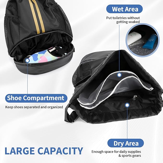 JELUTAR Drawstring Backpack Gym Bag with Shoes Compartment for Soccer, Basketball, Swim, Water-Resistant String Backpack Beach Cinch for Women Men, Black Gold