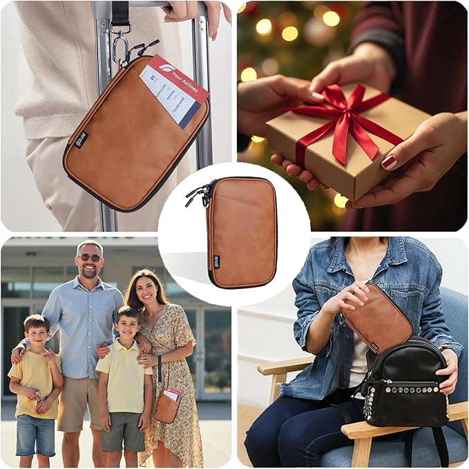 family passport holder for 4 passport wallet for travel passport cover rfid blocking for women waterproof wallet with zipper airtag passport case for men multiple passport bag (BROWN)