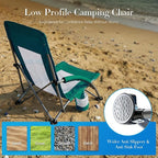 DUMOS Low Beach Chair for Adults, Lightweight Folding Beach Chair with Cup Holder, Storage Bag, Breeze Mesh Back, Padded Armrests, Compact Low Profile Chair for Camp, Picnic, Lawn, Sand