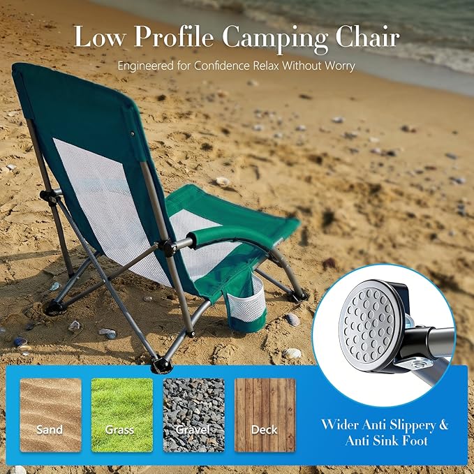 DUMOS Low Beach Chair for Adults, Lightweight Folding Beach Chair with Cup Holder, Storage Bag, Breeze Mesh Back, Padded Armrests, Compact Low Profile Chair for Camp, Picnic, Lawn, Sand