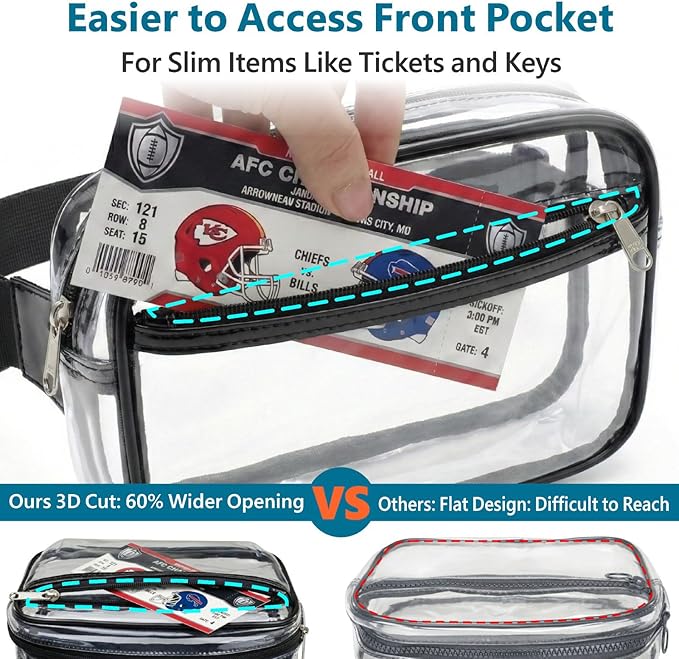 Veckle Clear Fanny Pack Stadium Approved - Plus Size 35-51 Inch Adjustable Strap Transparent Belt Bag for Women Men Fits 7.5" Smartphone, Crossbody Clear Bag for Stadium Events Sports Concerts, Black
