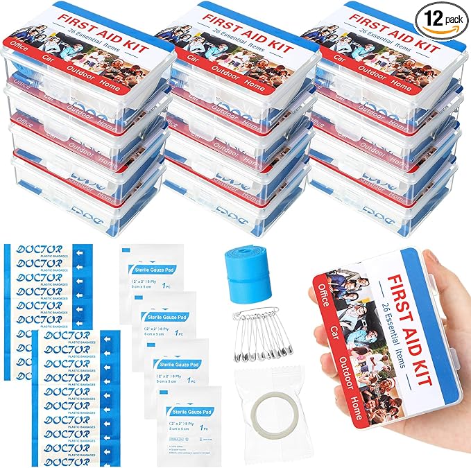 Threlaco 12 Set Mini First Aid Kit Bulk Mini Portable Travel Kit Resistant Case for Convenience First Aid 12 Pack Boxes of 26 Items Each for Minor Cut Scrape Hike Car Home School Office Sports