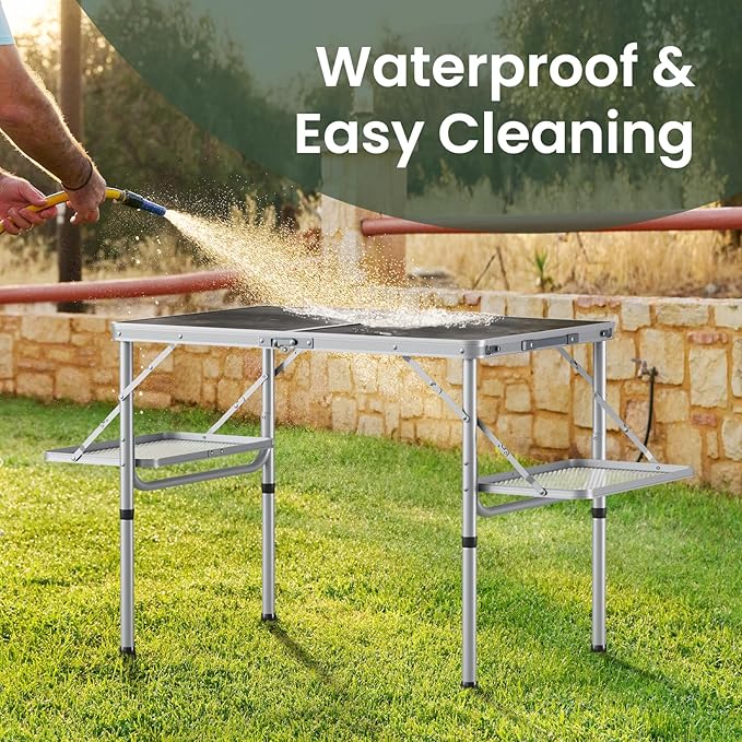 Titanker Folding Camping Table 3ft, Large Camp Table Portable with Extra Side Racks & Storage Net, Folding Picnic Table, Outdoor Patio Table, RV/Car Camping Essentials, Aluminum, Silver