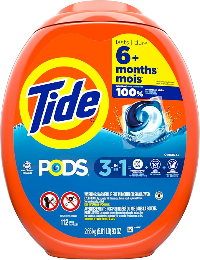 Tide PODS laundry detergent pacs, 3-in-1 Stain Remover, Odor Fighter, Color Protector, 112 Count, HE compatible, Original Scent