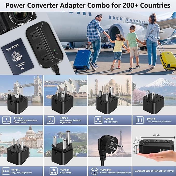 Voltage Converter US to Europe 2300W Power Converter 220v to 110v, Travel Converter with 3 USB+1 Type-C+3 AC Outlets European Travel Plug Adapter for EU/UK//Italy/Asia/India/South Africa/Australia