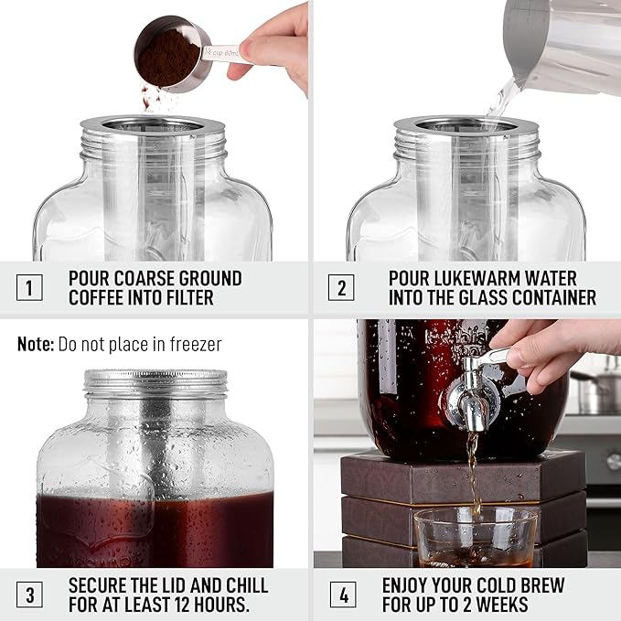 Zulay 1 Gallon/128oz Cold Brew Coffee Maker – Thick Glass Pitcher with Stainless Steel Filter, Lid & Spout – Large Mason Jar Container Dispenser - Iced Coffee & Sun Tea Brewer for Fridge – Silver
