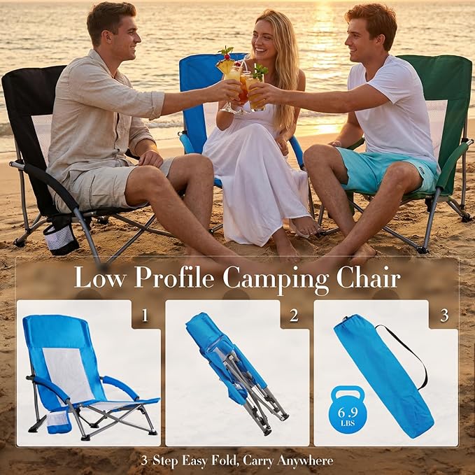 DUMOS Low Beach Chair for Adults, Lightweight Folding Beach Chair with Cup Holder, Storage Bag, Breeze Mesh Back, Padded Armrests, Compact Low Profile Chair for Camp, Picnic, Lawn, Sand