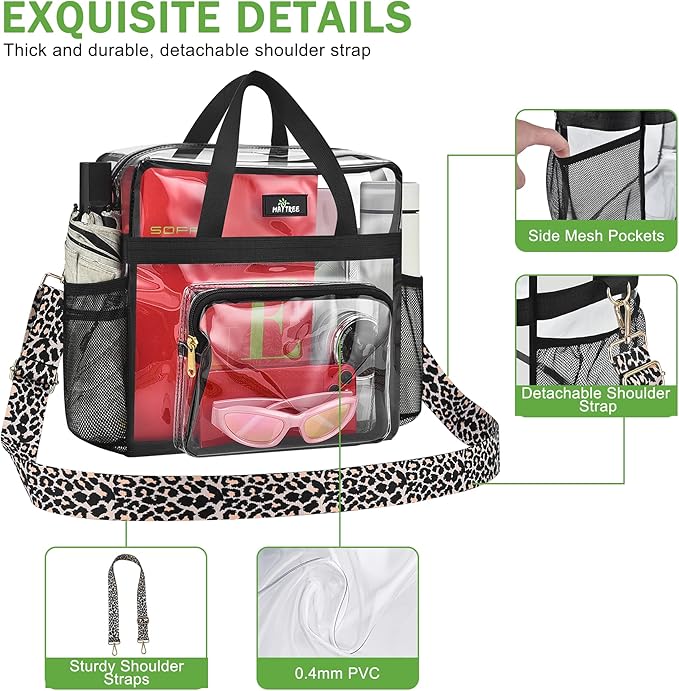 MAY TREE Clear Bag for Stadium Events, 12x6x12 Clear Tote Bag with Removable Strap, Transparent Bag for Concert Sports Gym, Leopard-Strap