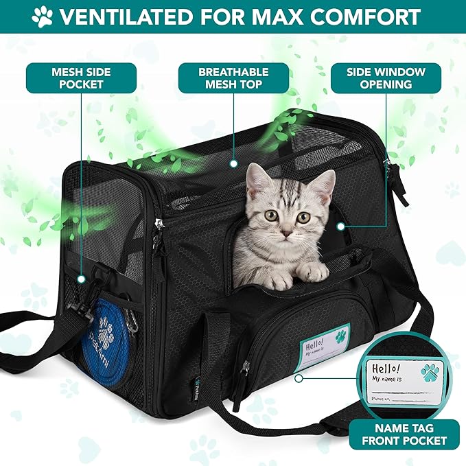 PetAmi Airline Approved Pet Carrier for Cats & Small Dogs, Soft Sided TSA Travel Carrier Bag with Sherpa Bed, Breathable Mesh Ventilation, Collapsible Bowl, Fits Under Seat, Up to 18 lbs, Large Black