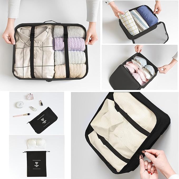 LANSKLBD 6 Set Packing Cubes for Travel, Luggage Organizers with Shoe & Toiletry Bags, Lightweight Suitcase Organizer for Carry-On, Washable Laundry Bags(Black)