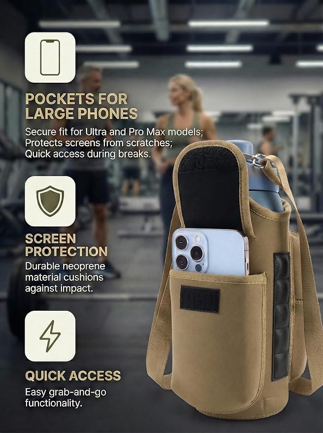 Magnetic Gym Tote Bag Holder for 18-40 oz Water Bottle,Neoprene Pouch with Phone Pocket,Men Women Workout Accessories