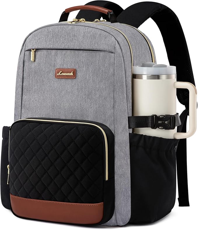 LOVEVOOK Laptop Backpack for Women with Pouch Pocket for Large Capacity Cup,15.6 Inch Teacher Nurse College Work Travel Backpack Purse,Waterproof Laptop Computer Bags,Grey-Black-Brown+Diamond-shaped