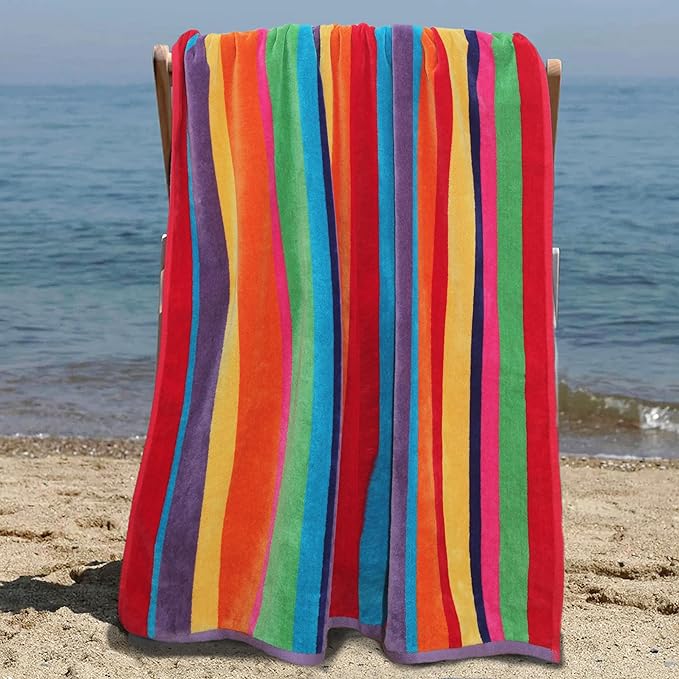 COTTON CRAFT Oversized Beach Towels - 2 Pack Summer of Siam XXL 35x84- The Big Kahuna 7 Foot Extra Large Beach Blanket Towel - Big & Tall - 100% Cotton Velour Plush Soft Luxury - Multi Color Stripe
