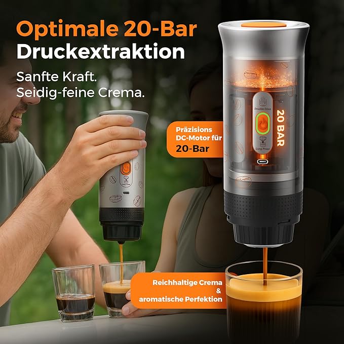 Portable Espresso Machine, 3-in-1 Travel Coffee Maker with Self-Heating, Battery Operated 20Bar Wireless Portable Espresso Maker Compatible with Ground Coffee & Capsule for Camping, Car, Office