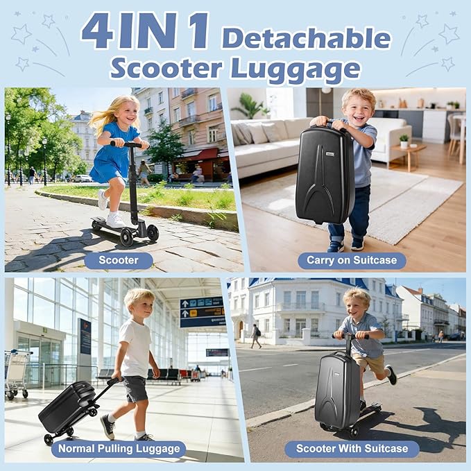 Scooter Luggage for Kids Scooter Suitcase for Ages 4-12, 4 in 1 Kids Luggage Boarding Suitcase Detachable & Foldable Scooter Travel Trolley Ride On Luggage-Black