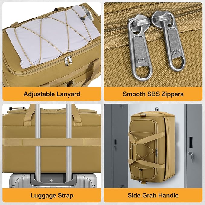RAINSMORE 3 in 1 Gym Bag for Men, 45L Large Sports Duffle Bag with Shoe Compartment and Wet Pocket, Water-Resistant Tactical Backpack Carry On for Travel, Workout & Military Gear, Khaki