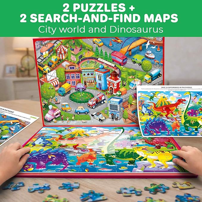 QUOKKA Magnetic Puzzles for Kids Ages 4-6 – 100 PCS Magnetic Puzzle Book for Toddlers 3-5 – 2 Puzzles & 2 Spot The Difference Maps – Search & Find Travel Games – Activity Book Dinos & City Cars