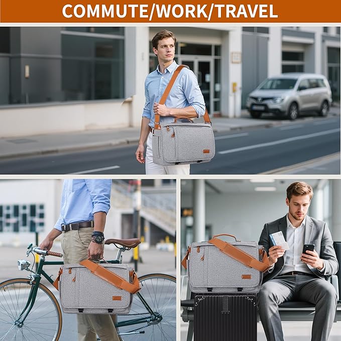 ESTARER Messenger Bag 17-17.3 Inch, Men's Computer Bag Water-resistant Canvas, Laptop Shoulder Bag for Travel Work College, Light Grey