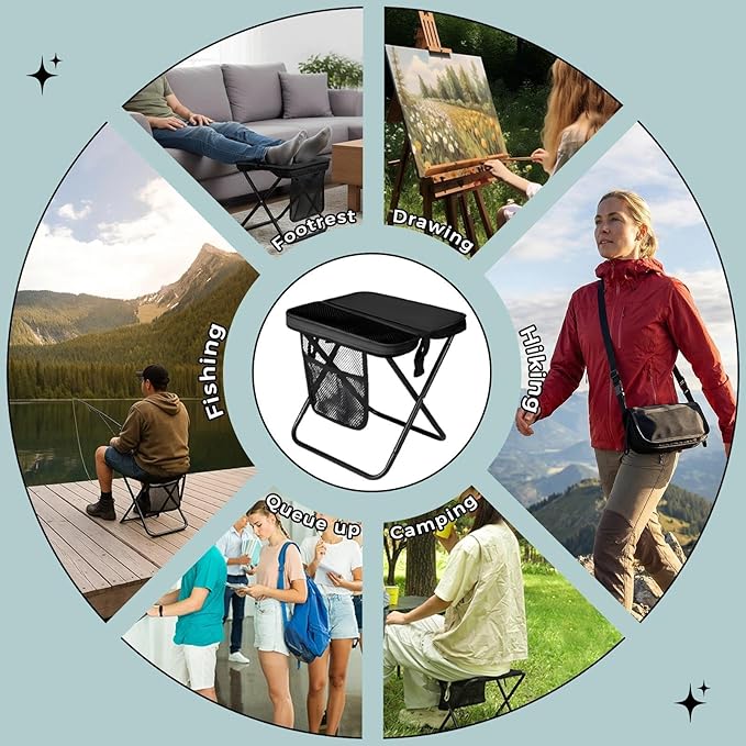12" Portable Collapsible Stool - Folding Chair with Storage Pouch, Convertible Satchel for Hands-Free Carry & Supports 265Lbs, Ultralight for Hiking, Fishing, Camping, Festivals (Black, Standard)
