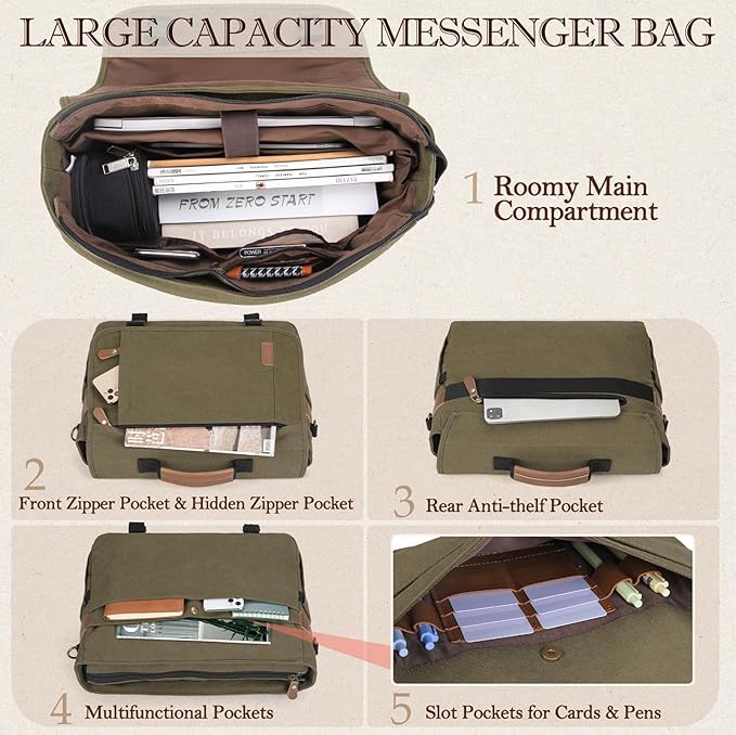 RAINSMORE Messenger Bag for Men 17-17.3 Inch Laptop Bag Water-resistant Canvas Computer Shoulder Bag Office Work Briefcase Large Casual Satchel Bags for Men Bookbag for College, OliveDrab