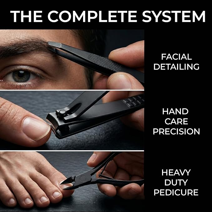 Earth & I Precision-Forged Stainless Steel Manicure Set - 16pc Satin Black Finish Nail Clippers for Thick Nails - TSA Compliant Travel Grooming System - Pedicure & Facial Care Kit - Gift Box
