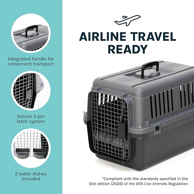 SportPet Airline Compliant Small 24" Travel Dog Kennel - Durable Plastic Airline Pet Carrier (No Wheels) & Food Bowls, Collapsible Indoor/Outdoor Dog Kennel, Dogs up to 21" L & 13" H - Dark Gray