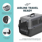 SportPet Airline Compliant Small 24" Travel Dog Kennel - Durable Plastic Airline Pet Carrier (No Wheels) & Food Bowls, Collapsible Indoor/Outdoor Dog Kennel, Dogs up to 21" L & 13" H - Dark Gray