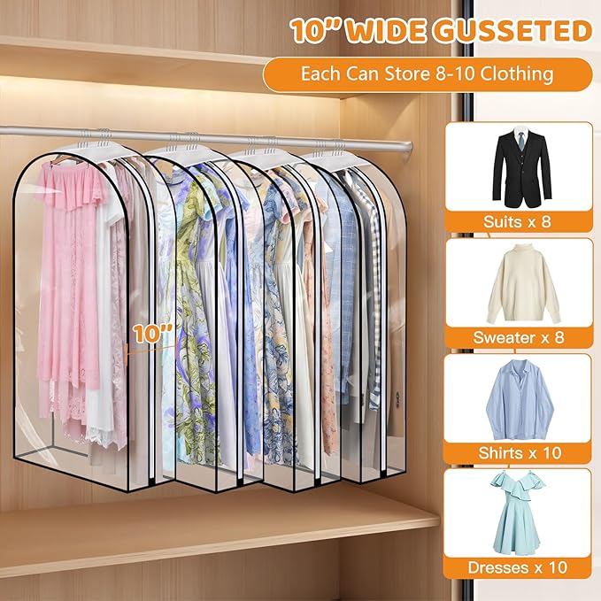 Dntorx 4 Pack Clear Garment Bags with Side Zipper, 60" Clothes Covers with 10" Gusset, Transparent Hanging Suit & Coat Covers for Closet Storage, Jackets, Dresses, Windbreakers