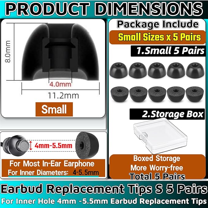 Memory Foam Earbud Tips，Replacement Earbud Tips Ear Bud Replacement Tip Memory Foam Ear Tips IEM Ear Tips Earbud Replacement Tips for 4.0mm Connect Hole Most in-Ear Headphones (S Total 5 Pairs)