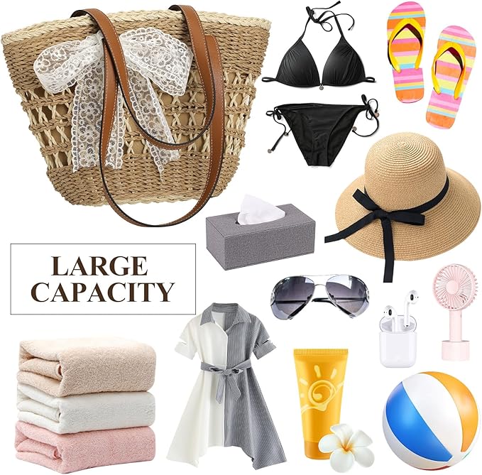 Trifabricy Beach Bags for Women, Summer Straw Bag, Woven Straw Beach Tote Bag Shoulder Handbags