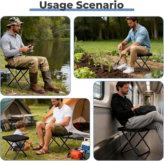 Portable Folding Camping Stool - 1.4Lbs Ultra Lightweight, 220Lbs Heavy Duty, Reinforced Steel Frame, Quick Deploy for Hiking Fishing Camping & Outdoor Events (Black)