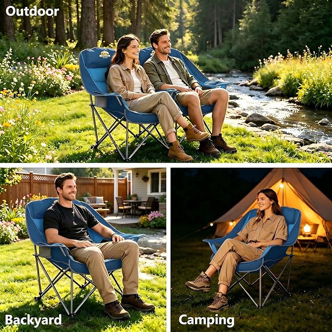 Colegence Oversized XL Padded Camping Chair Set of 2 Wide Heavy Duty Lawn Chairs Support 450 LBS Portable Folding Gaint Plus Camp Chair for Outdoor Outside Sports Baseball Soccer-Blue