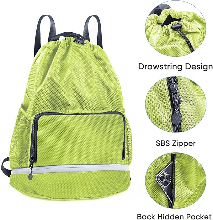 Swim Beach Sports Drawstring Backpack - Gym Bag with Shoes Compartment and Waterproof Pocket for Gym Accessories, Swim Essentials - Kids Mens Beach Workout Bag