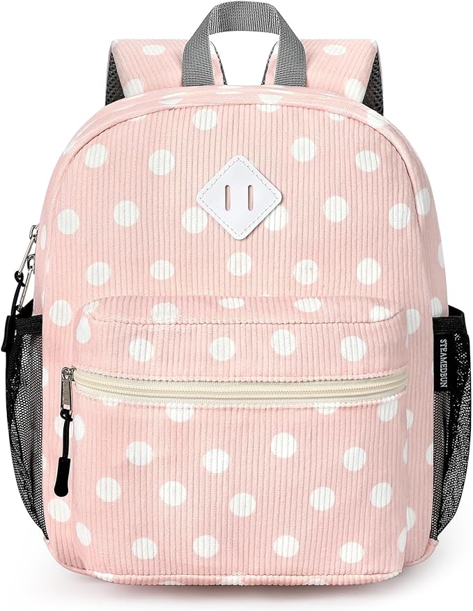 STEAMEDBUN Corduroy Toddler Backpack for Girls Boys 2-4, Kids Preschool Backpack for Kindergarten - Polka Dot