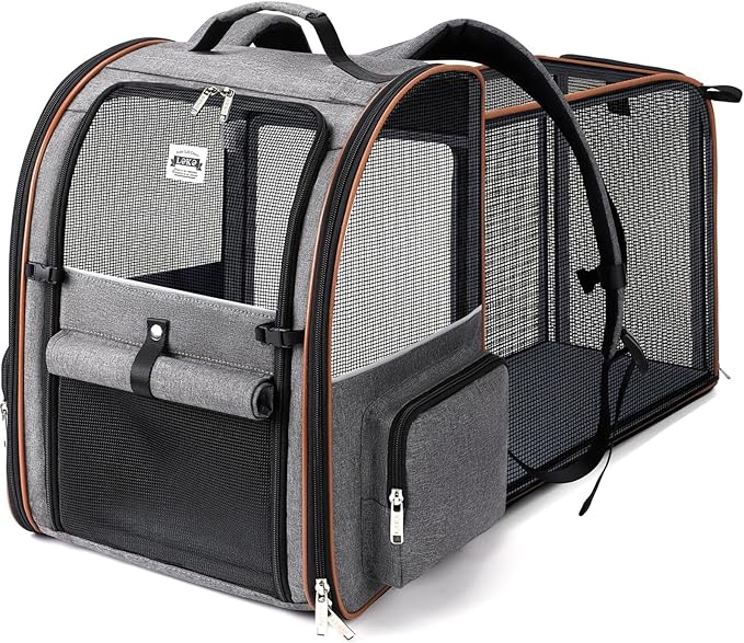 Cat Carrier Backpack, Expandable Pet Carrier with Sun Shade & Full Front Opening, Breathable Mesh Backpack for Small Dogs & Medium Cats Up to 18 Lbs, Foldable for Hiking, Camping (Grey)
